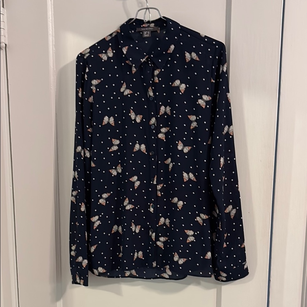 Navy Collared Top with Butterfly and Dot Design